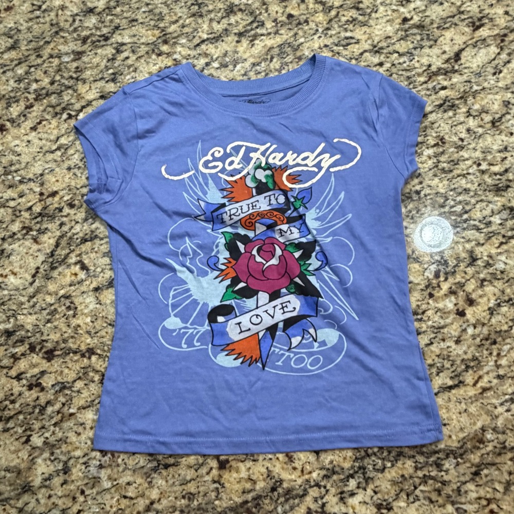 Ed Hardy Kids Purple Graphic Tee True To My Love Rose Dagger Y2K Shirt S ws